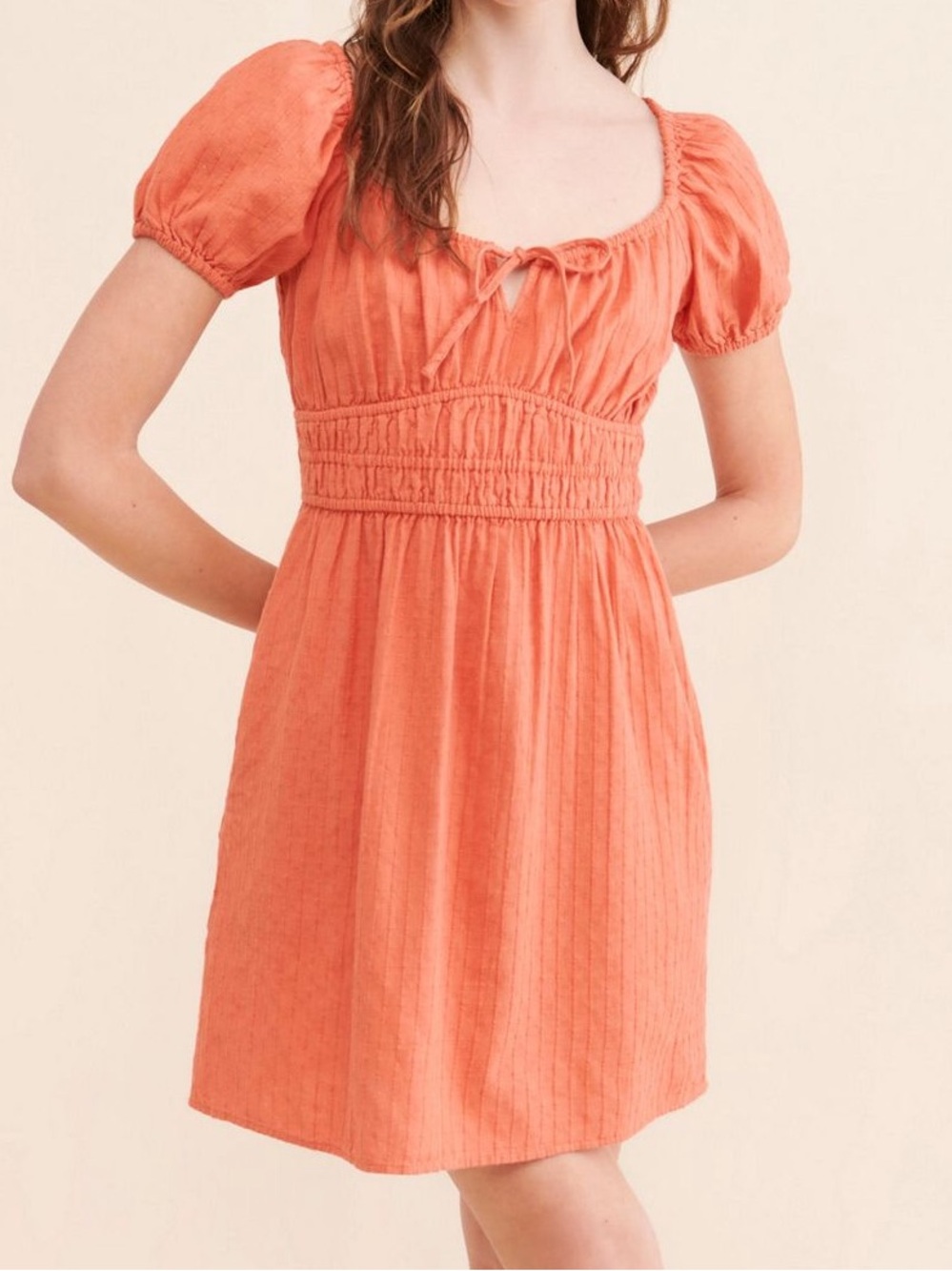 Anthropologie Women’s Orange Puff-Sleeve Smocked Waist Dress